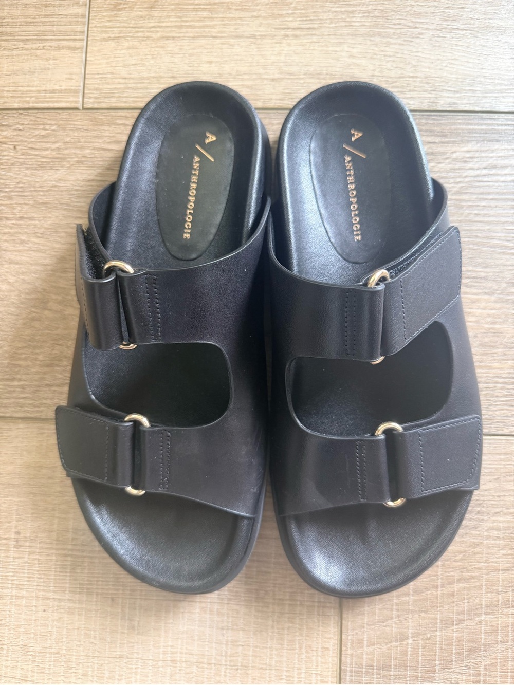 Anthropologie Black Leather Slide Sandals with Gold Logo